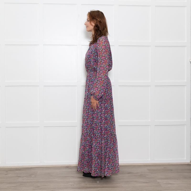 Ridley Multi Flower Pattern Silk Elasticated Waist Full Length Dress