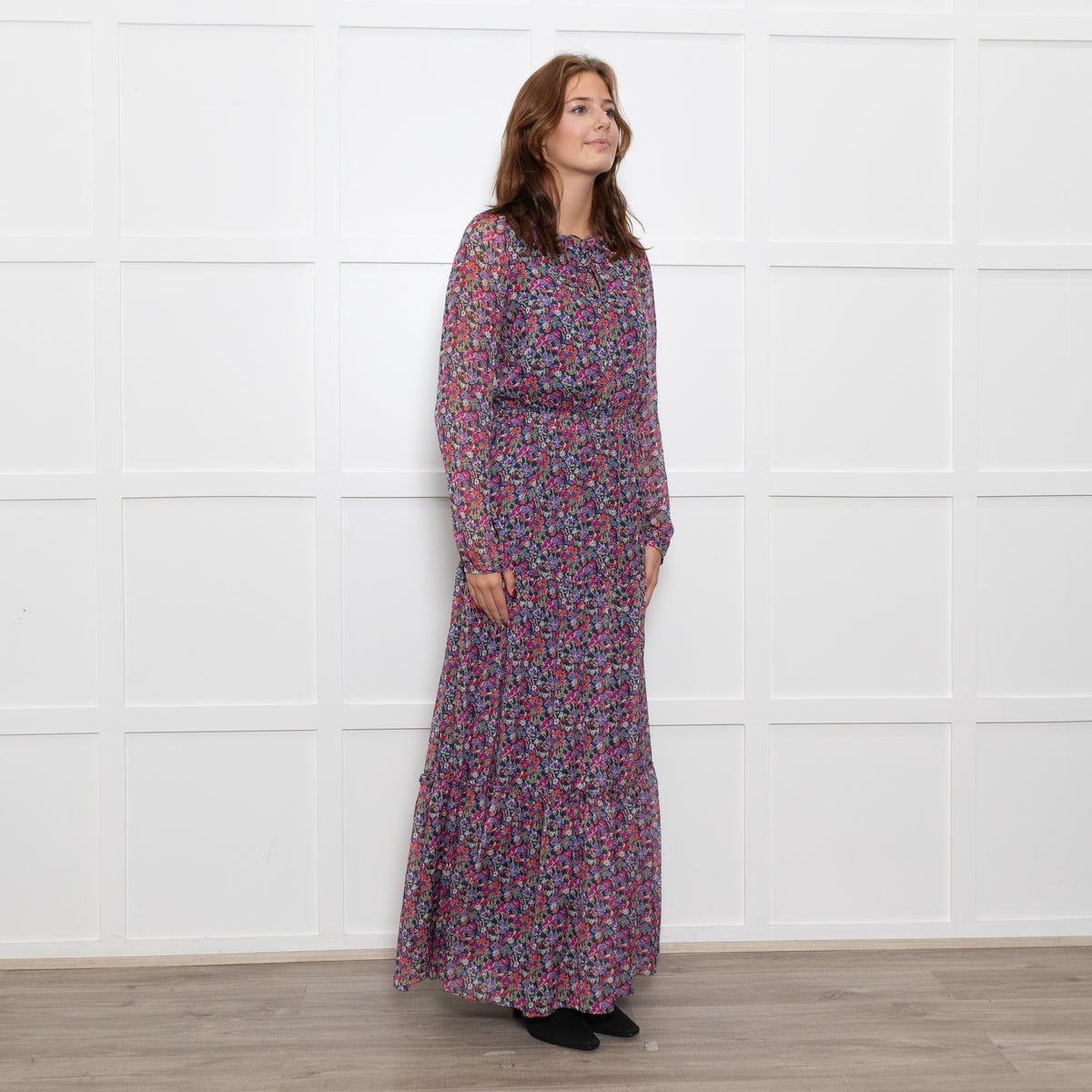 Ridley Multi Flower Pattern Silk Elasticated Waist Full Length Dress