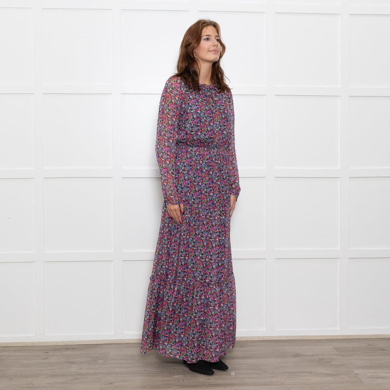 Ridley Multi Flower Pattern Silk Elasticated Waist Full Length Dress