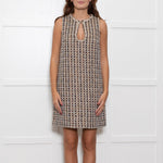 Sandro Beige Blue Tweed Diamante Neck Sleeveless Dress