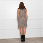 Sandro Beige Blue Tweed Diamante Neck Sleeveless Dress
