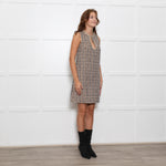 Sandro Beige Blue Tweed Diamante Neck Sleeveless Dress
