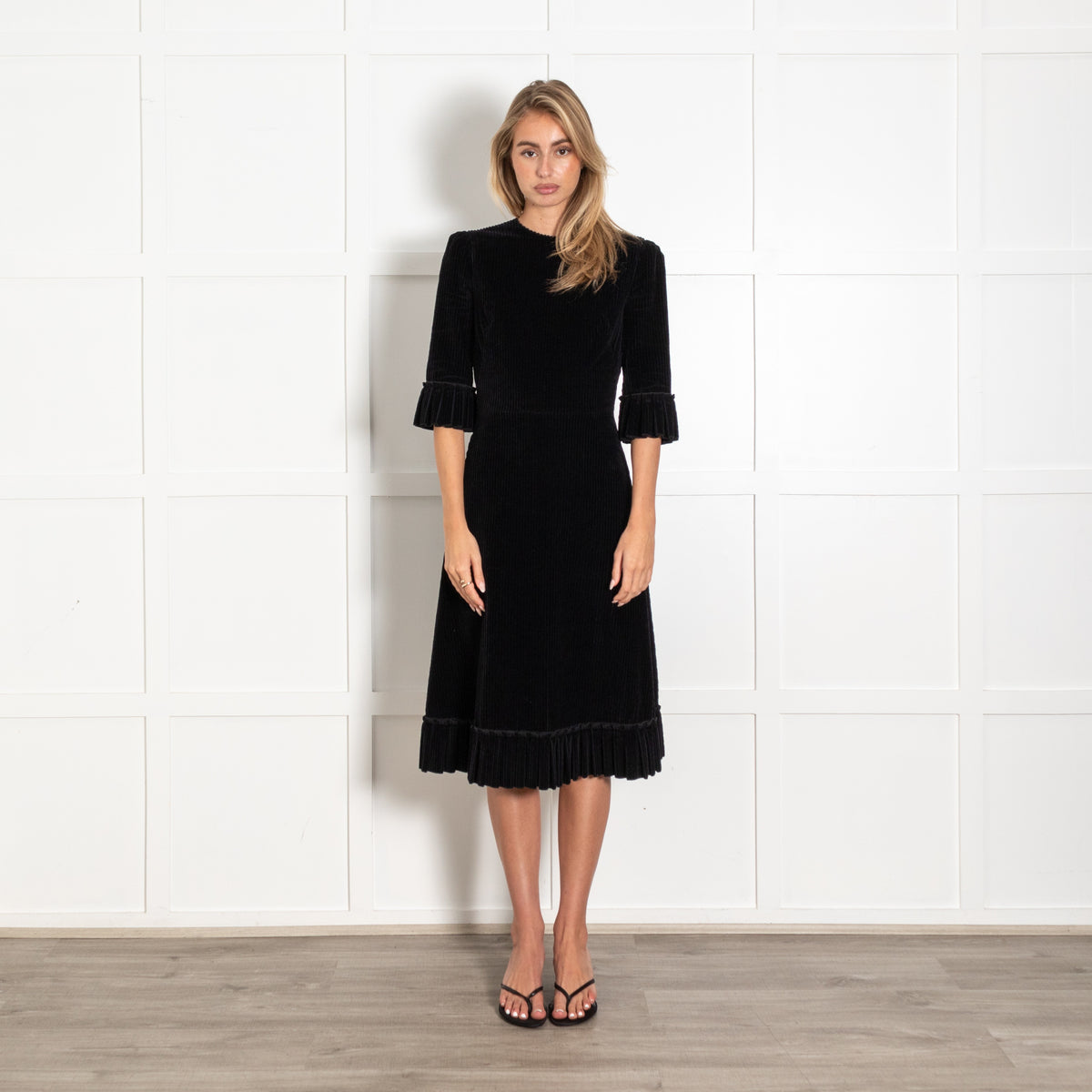The Vampire's Wife Black Corduroy Frilled Trim Midi Dress - Image 1