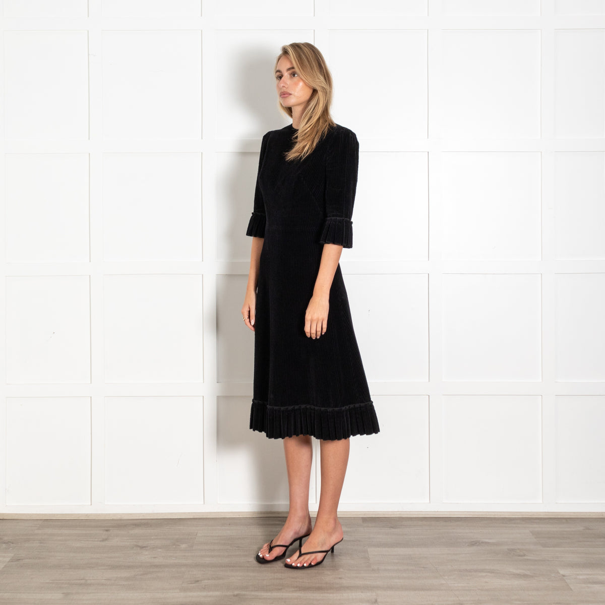 The Vampire's Wife Black Corduroy Frilled Trim Midi Dress - Image 3