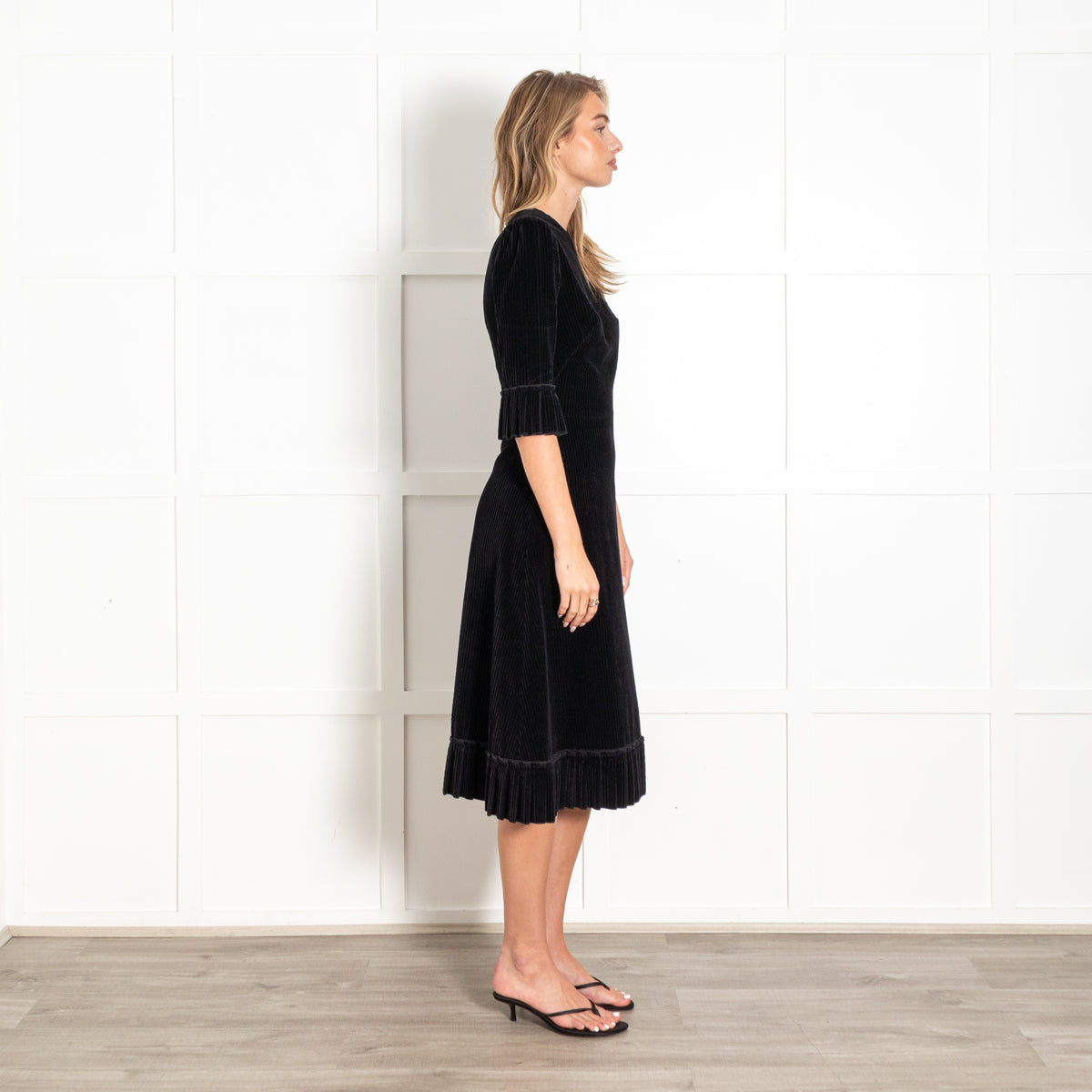 The Vampire's Wife Black Corduroy Frilled Trim Midi Dress - Image 6