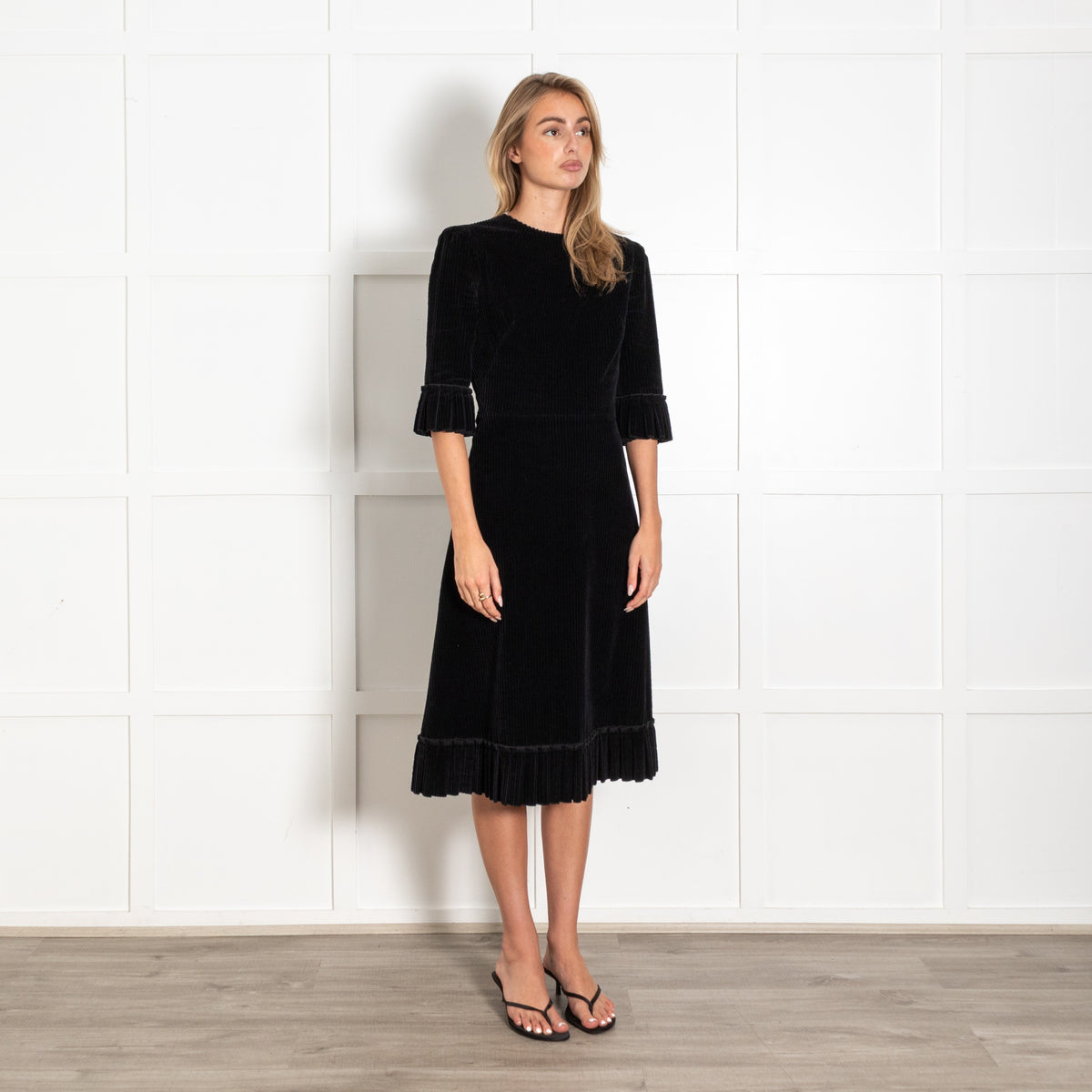 The Vampire's Wife Black Corduroy Frilled Trim Midi Dress - Image 7