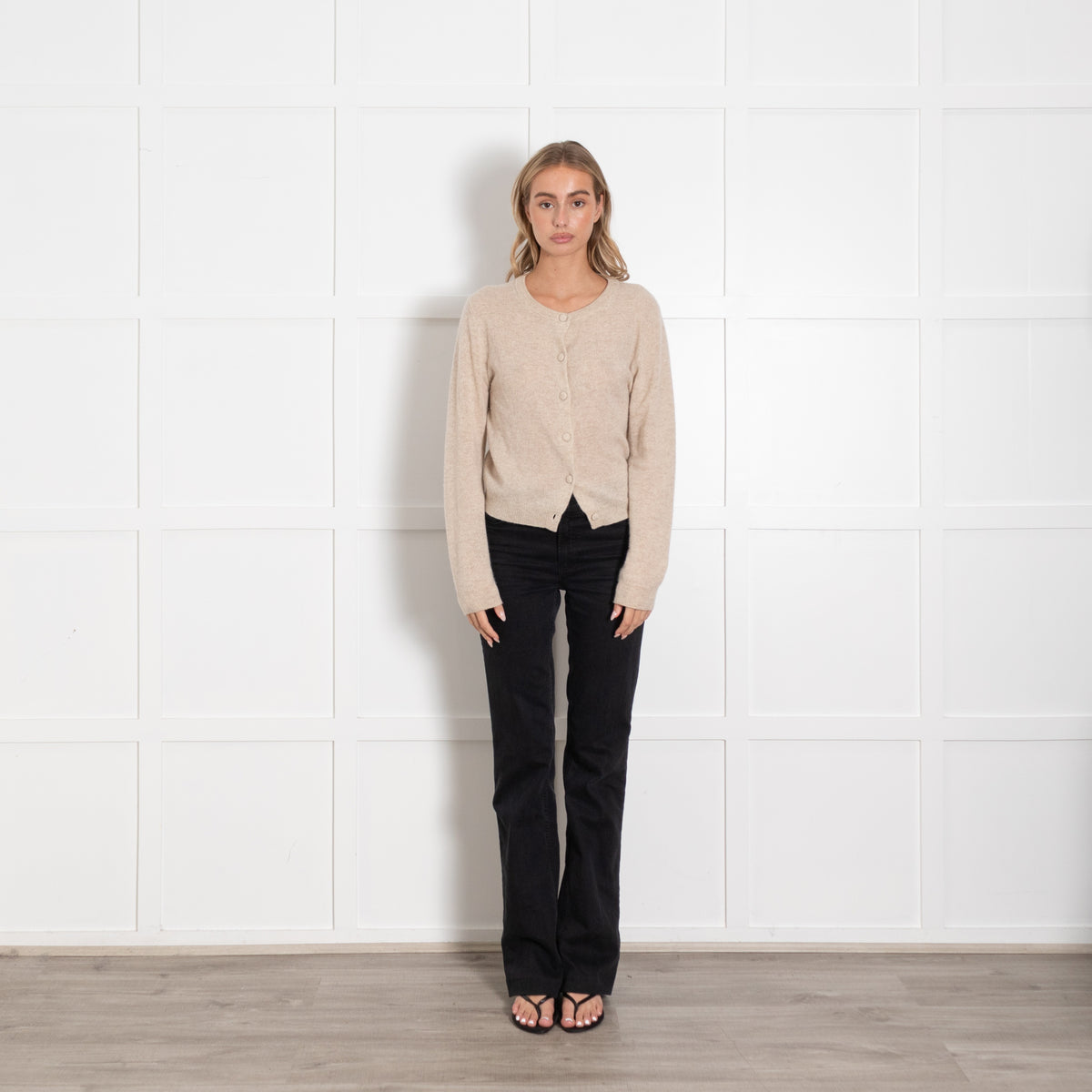 Velvet with Cleo Wade Beige Round Neck Cardigan with Covered Buttons - Image 1