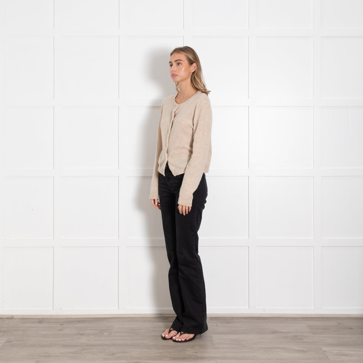 Velvet with Cleo Wade Beige Round Neck Cardigan with Covered Buttons - Image 3