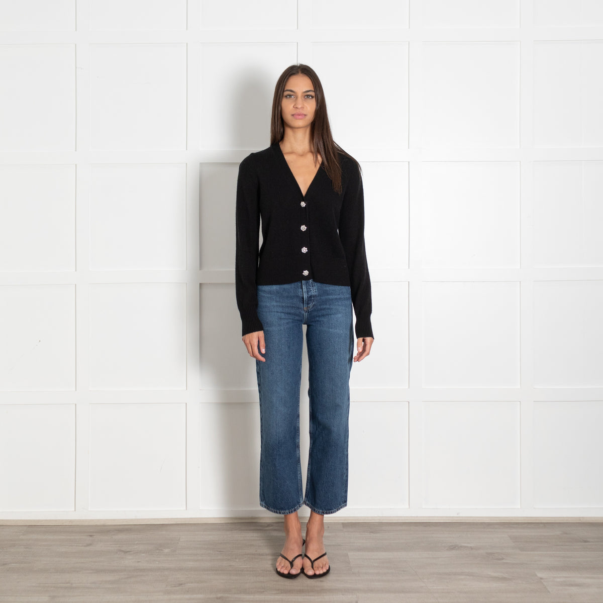 VERONICA BEARD Black Diamanté Button Cashmere Cardigan - Image 1
