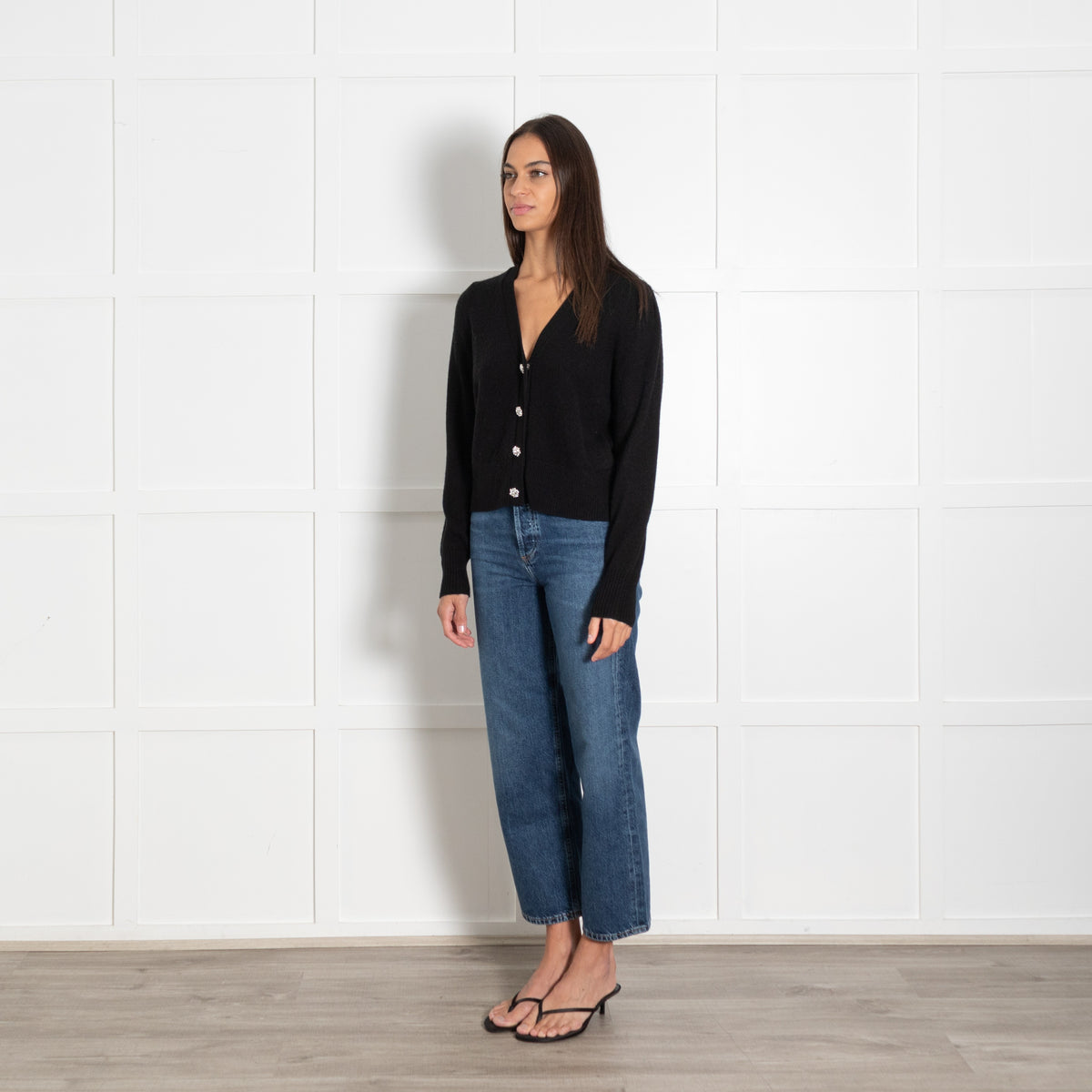 VERONICA BEARD Black Diamanté Button Cashmere Cardigan - Image 3