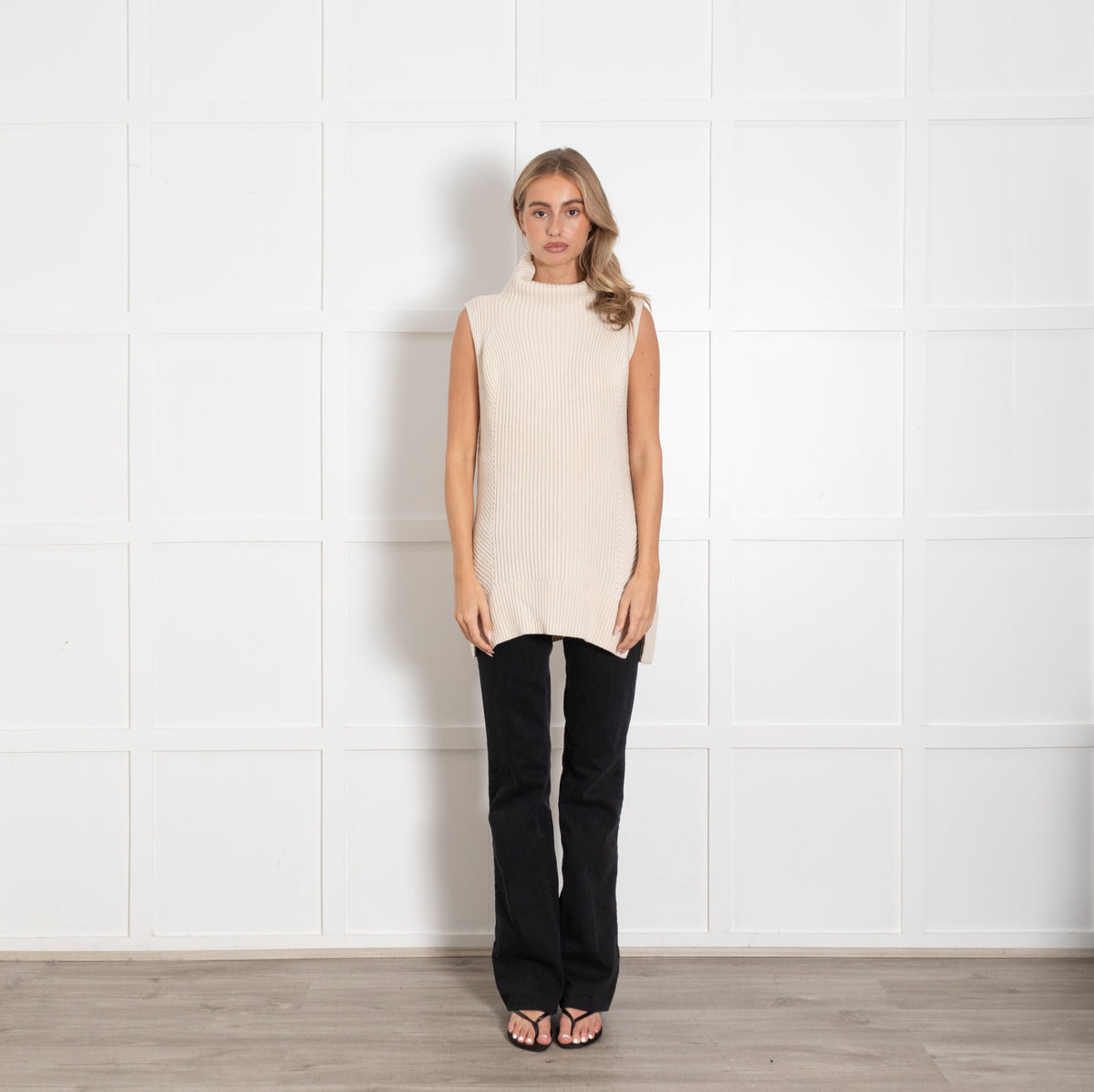 Vince Cream Roll Neck Sleeveless Cashmere Blend Knitted Mini Dress - Image 1