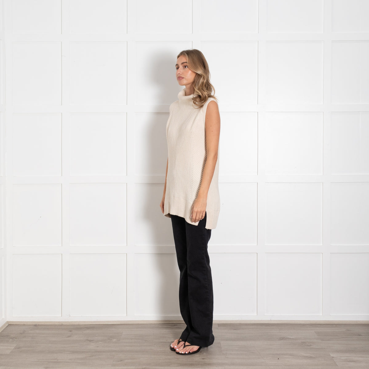 Vince Cream Roll Neck Sleeveless Cashmere Blend Knitted Mini Dress - Image 3