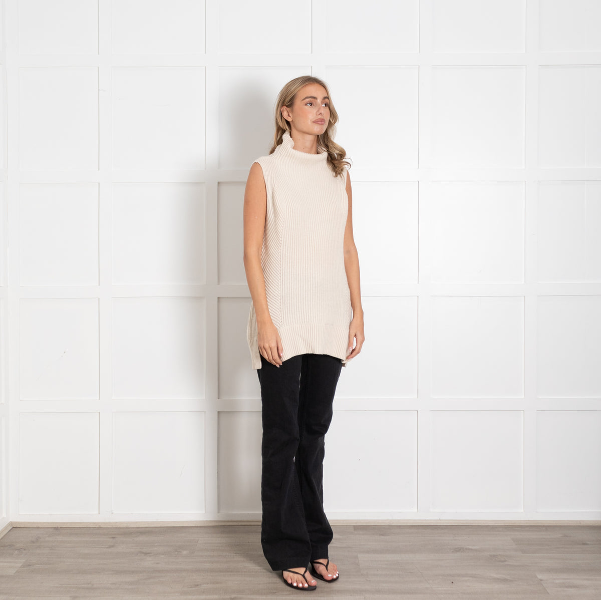 Vince Cream Roll Neck Sleeveless Cashmere Blend Knitted Mini Dress - Image 7