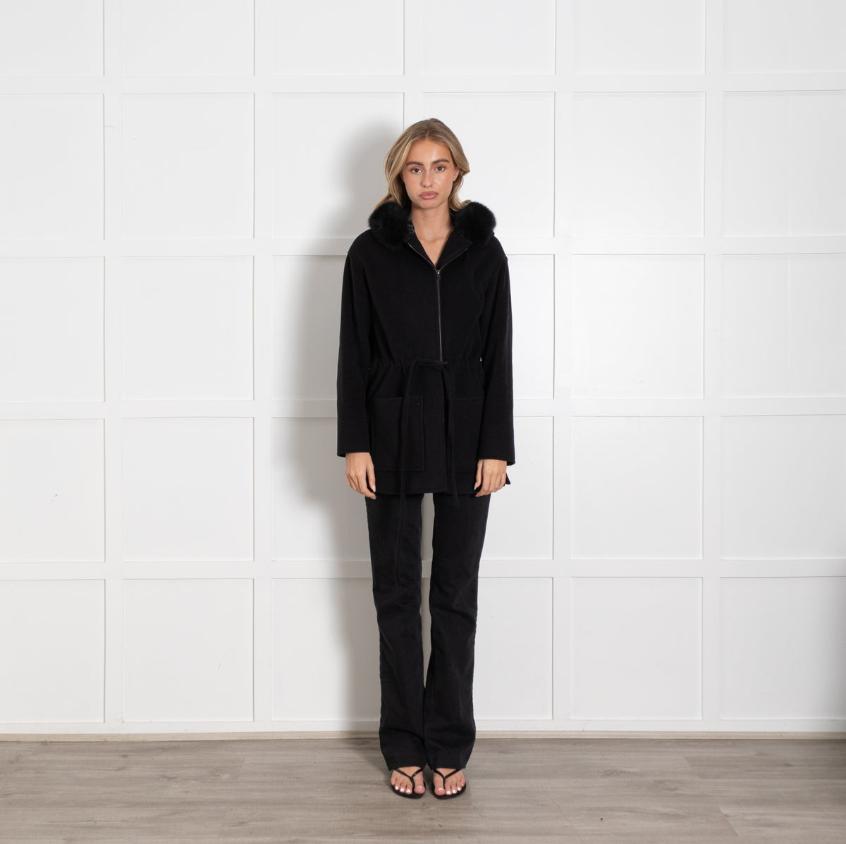 Weill Black Wool Blend Fur Trim Hooded Coat UK - Image 1