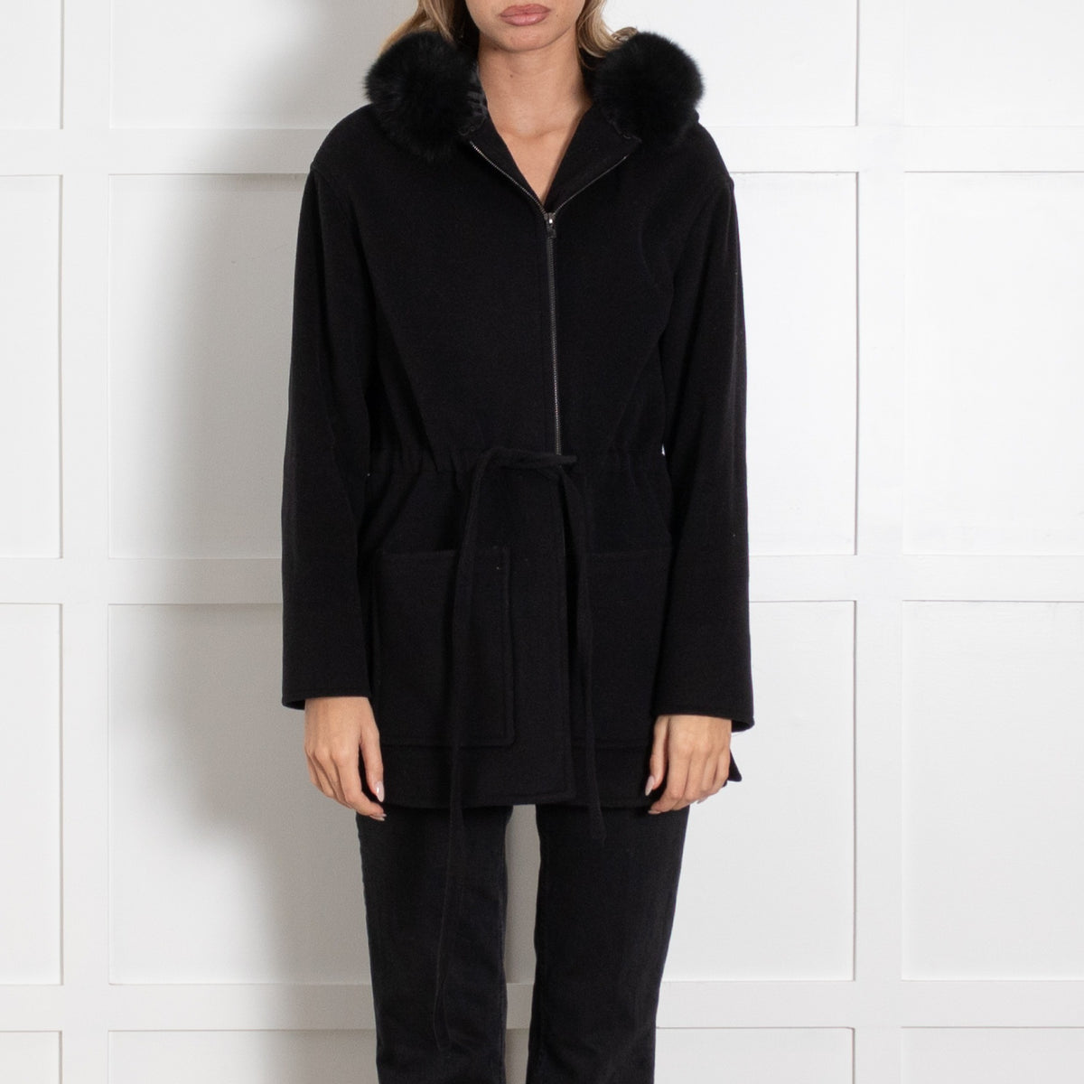 Weill Black Wool Blend Fur Trim Hooded Coat UK - Image 2