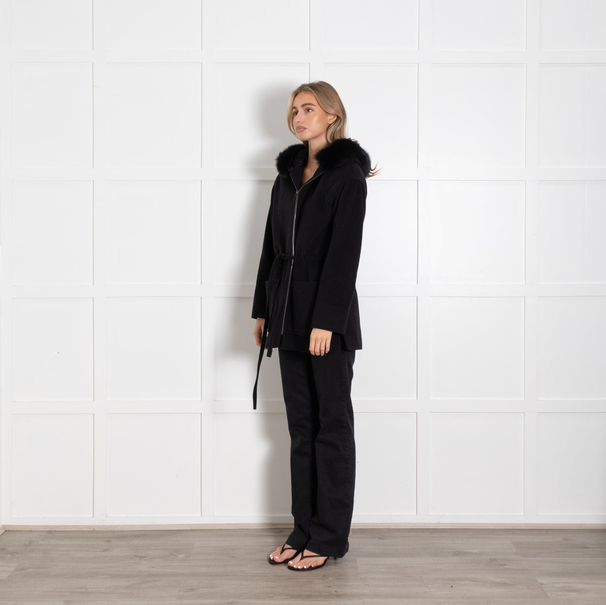 Weill Black Wool Blend Fur Trim Hooded Coat UK - Image 3