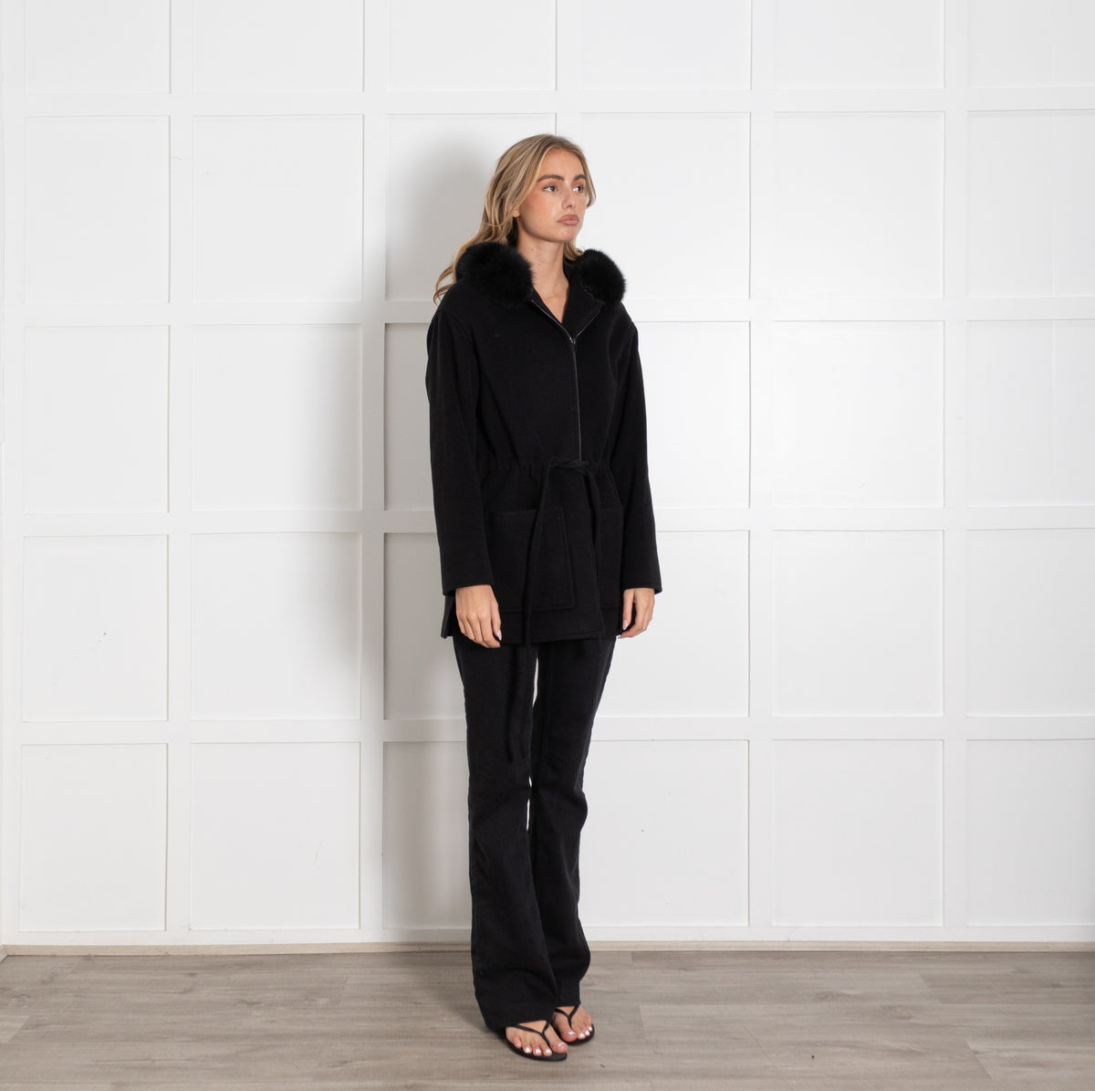 Weill Black Wool Blend Fur Trim Hooded Coat UK - Image 7
