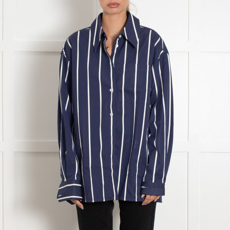 Yaitee Blue and White Stripe Oversized Shirt with Pockets - Image 2