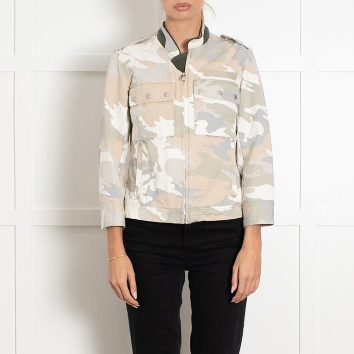 Zadig & Voltaire Preloved Cream Beige Green Camouflage Zip Up Jacket - Image 2