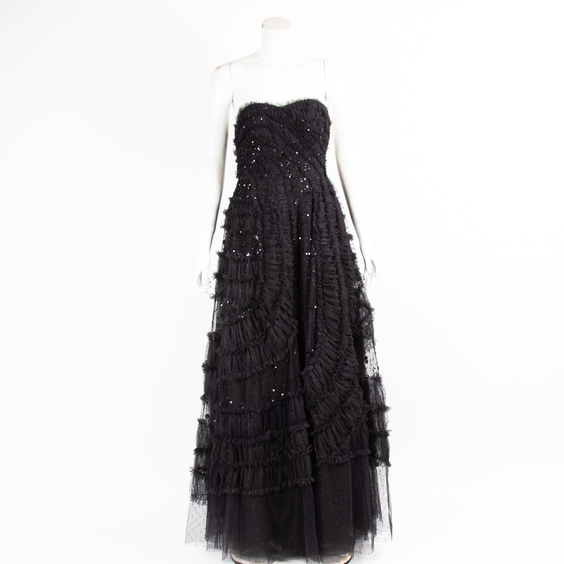 Needle & Thread Black Mesh Strapless Gown