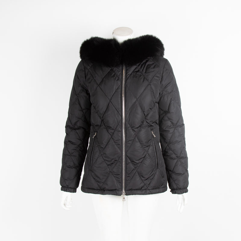 Prada Black Quilted Puffer Jacket with Fur Hood