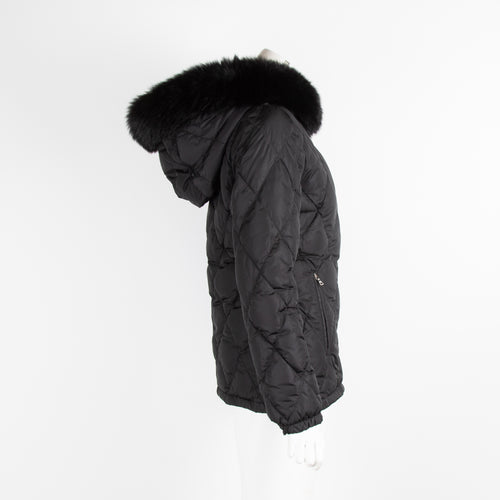 Prada Black Quilted Puffer Jacket with Fur Hood