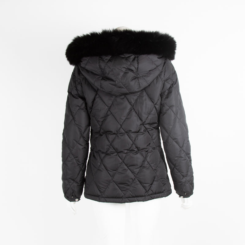 Prada Black Quilted Puffer Jacket with Fur Hood