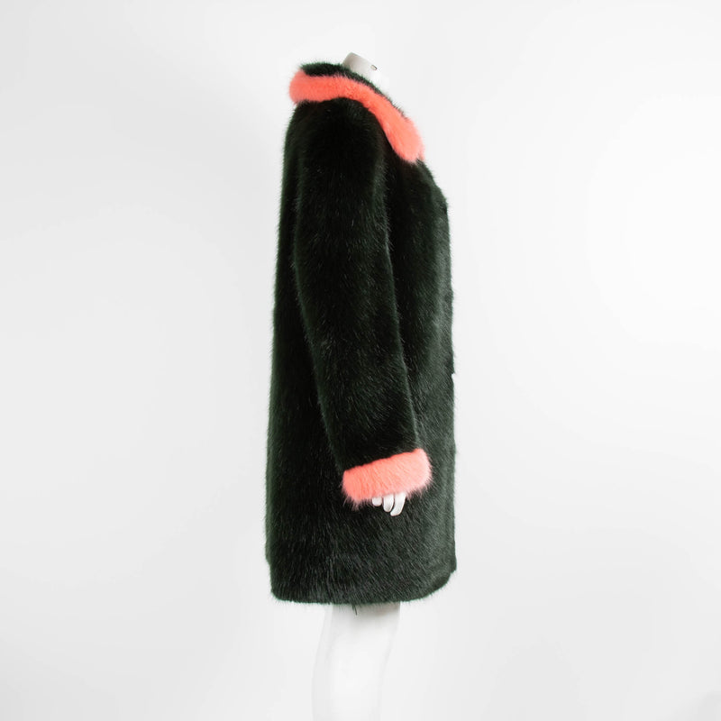 Shrimps Emerald Green Faux Fur Coat with Coral Cuffs
