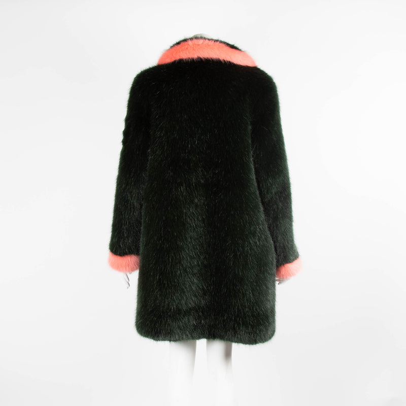 Shrimps Emerald Green Faux Fur Coat with Coral Cuffs