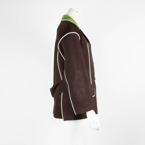 Prada Brown Suede Jacket with White Piping and Green Collar