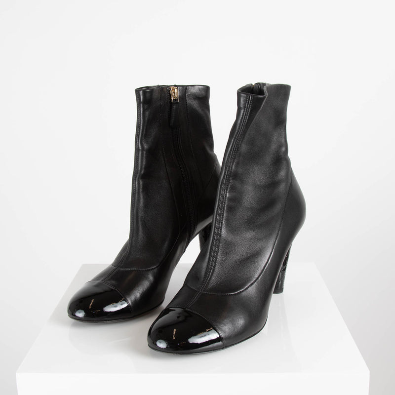 Chanel CC Black Booties Pearl Heels Ankle Boots –