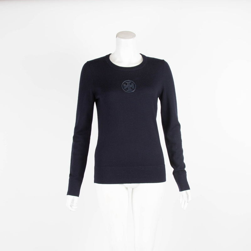Tory Burch Navy Logo Wool Round Neck Jumper