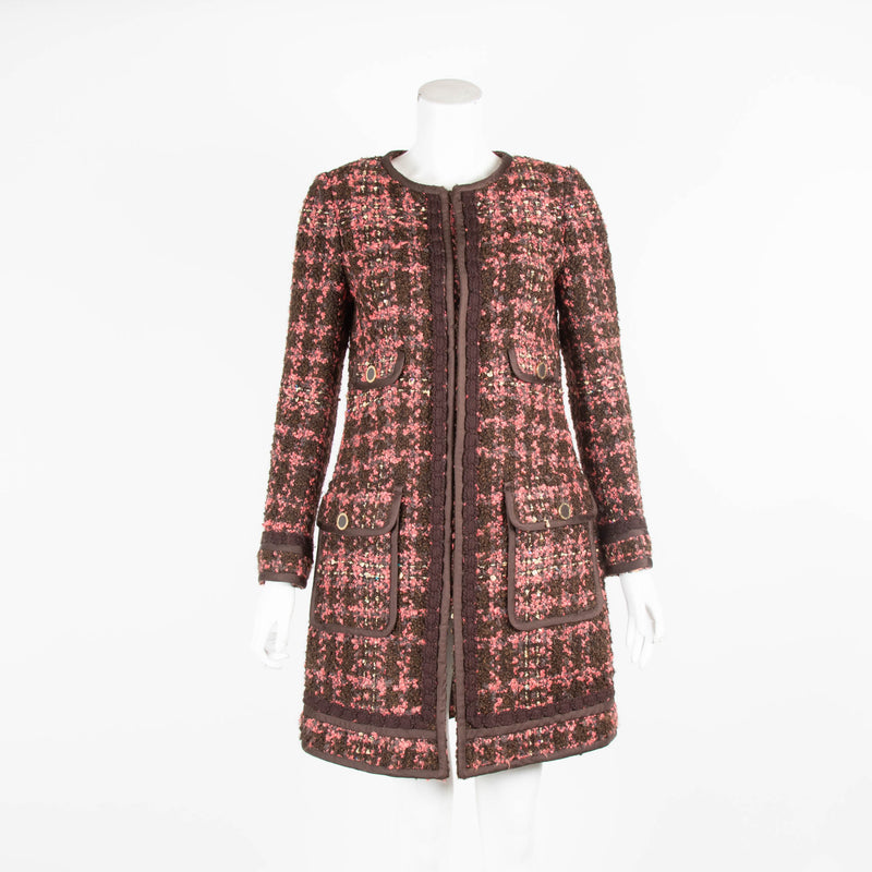 Tory Burch Brown Pink Boucle Embellished Long Jacket