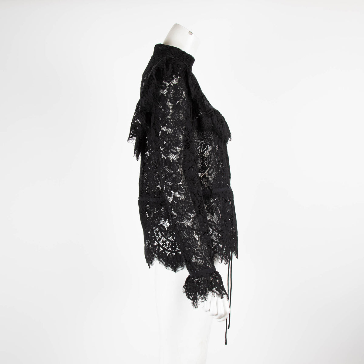 Ganni Black Lace Frill with Waist Tie Blouse