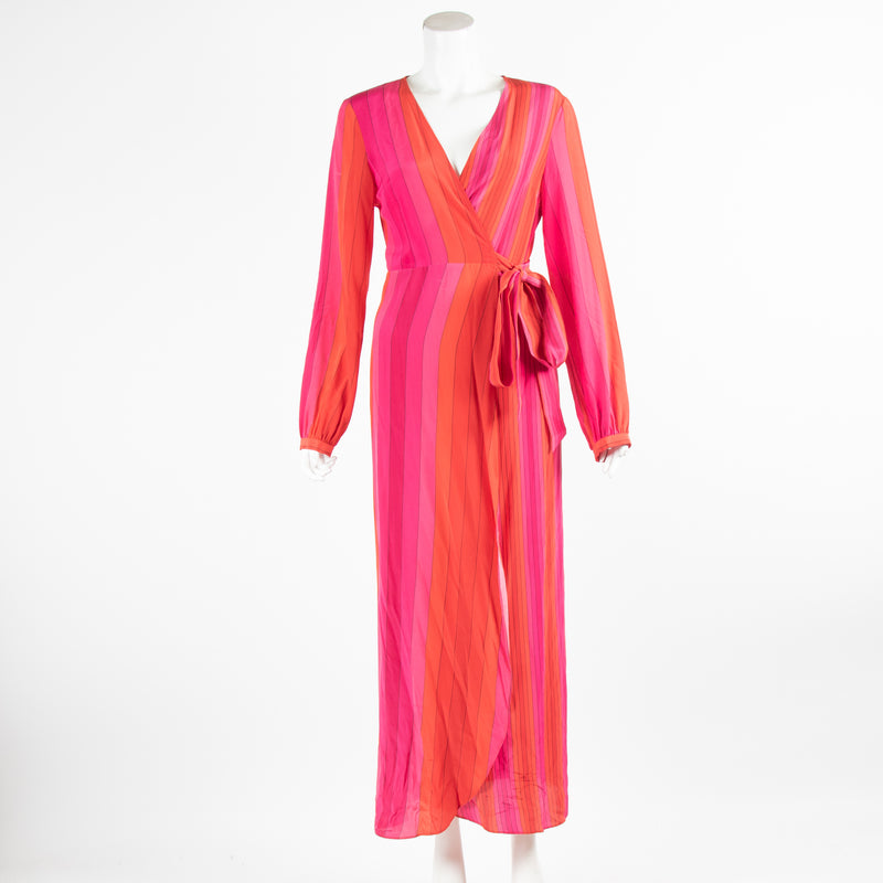 Rixo Red and Pink Stripe Wrap Dress