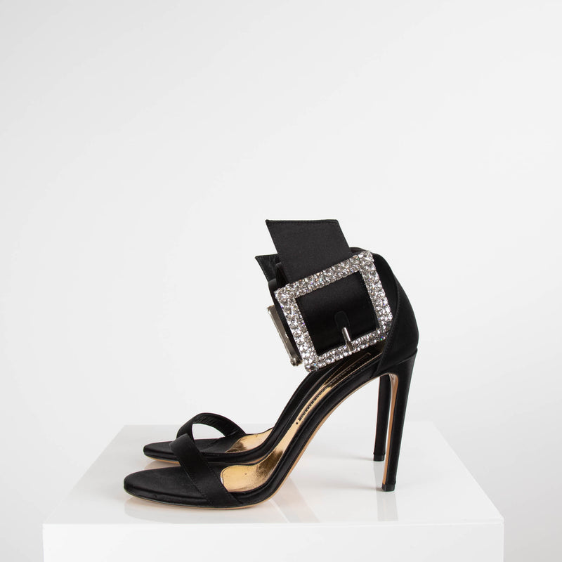 Alexandre Vauthier Black Sandal Heels with Crystal Buckle