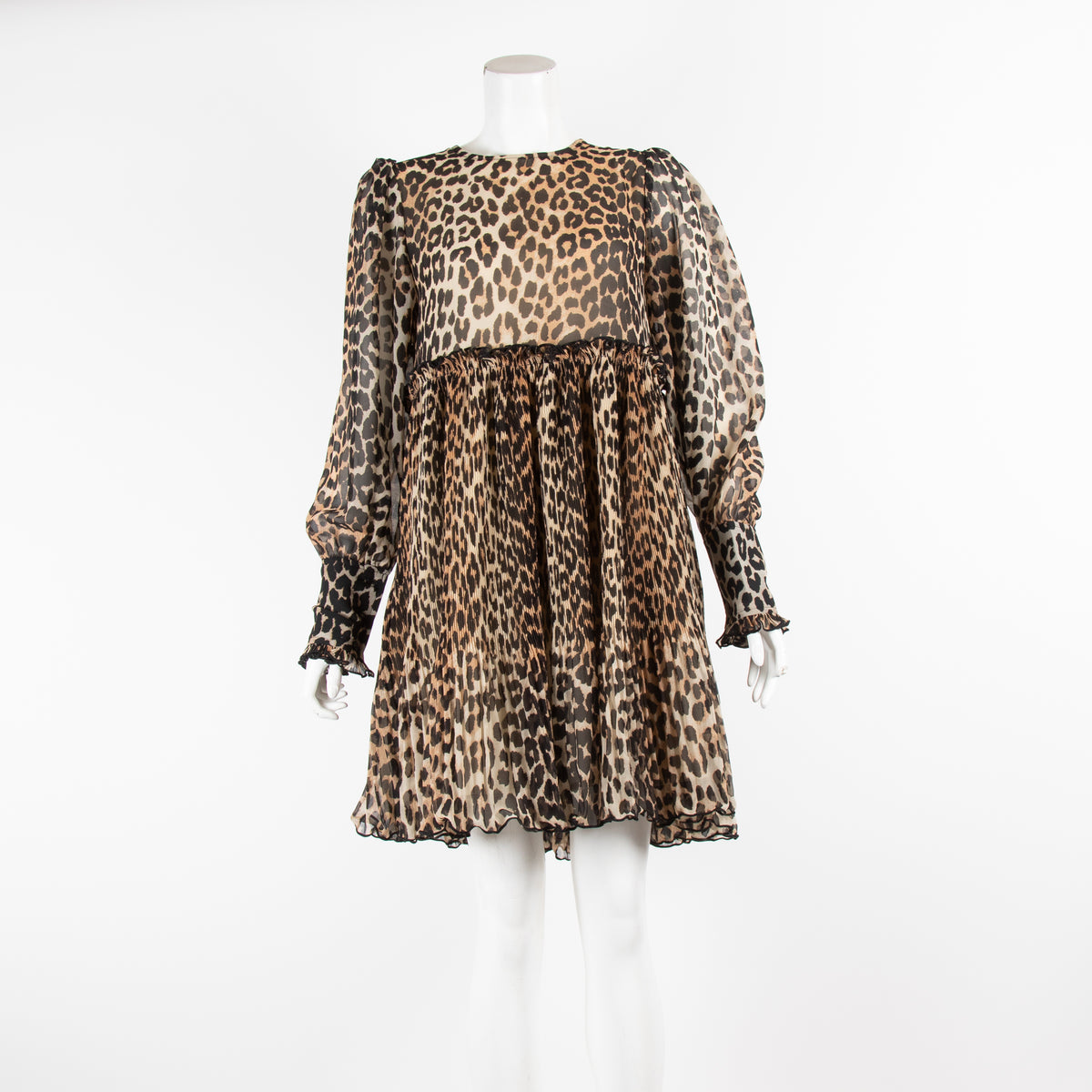 ganni leopard dress long sleeve GANNI leopard print long dress with signature ruffled collar BOREAL REBORN