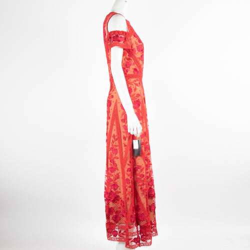 Marchesa Notte Red Sleeveless Midi Lace Dress