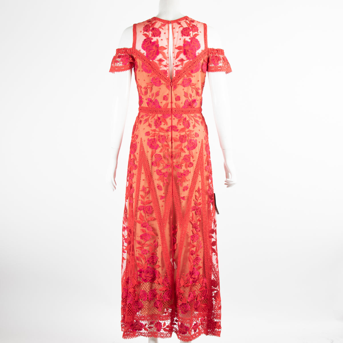 Marchesa Notte Red Sleeveless Midi Lace Dress