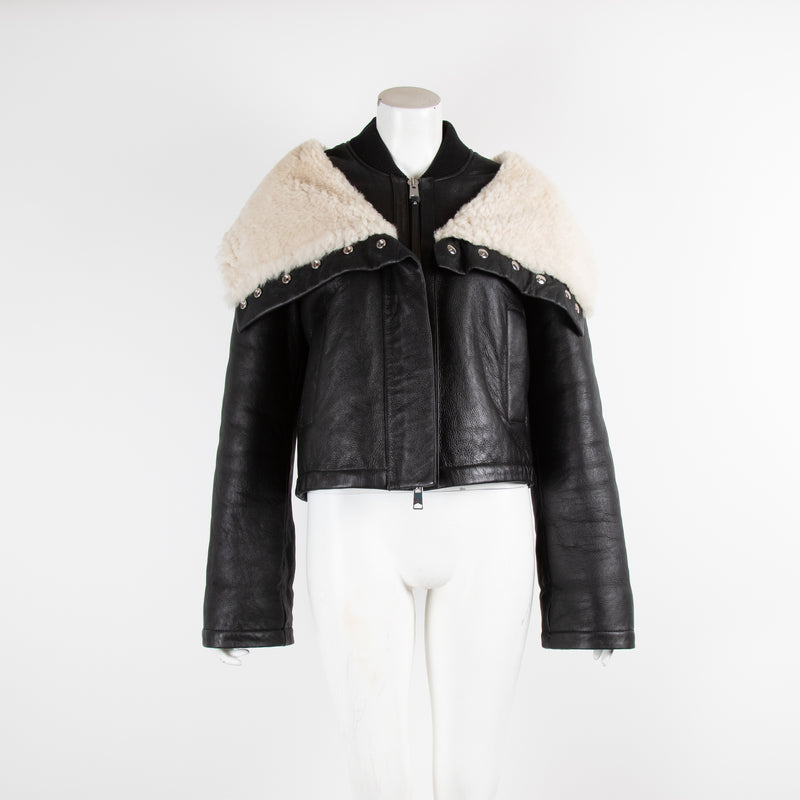 Shoreditch Ski Club Black Leather Jacket with Cream Shearling