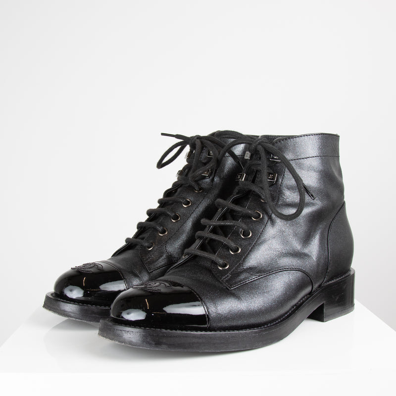 Chanel Black Shimmer Leather Lace Up Boots