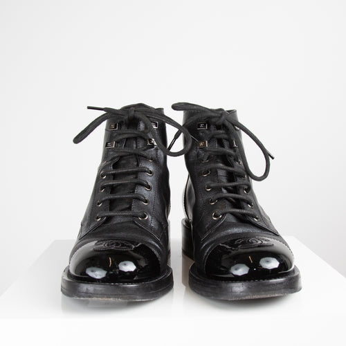 Chanel Black Shimmer Leather Lace Up Boots