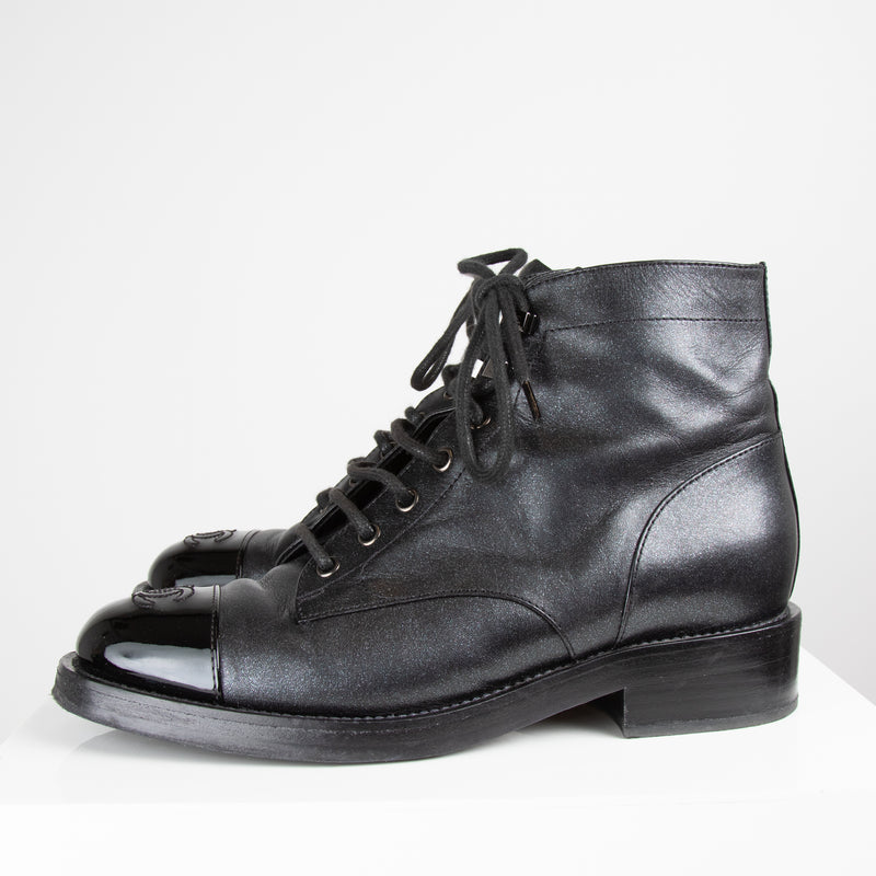 Chanel Black Shimmer Leather Lace Up Boots