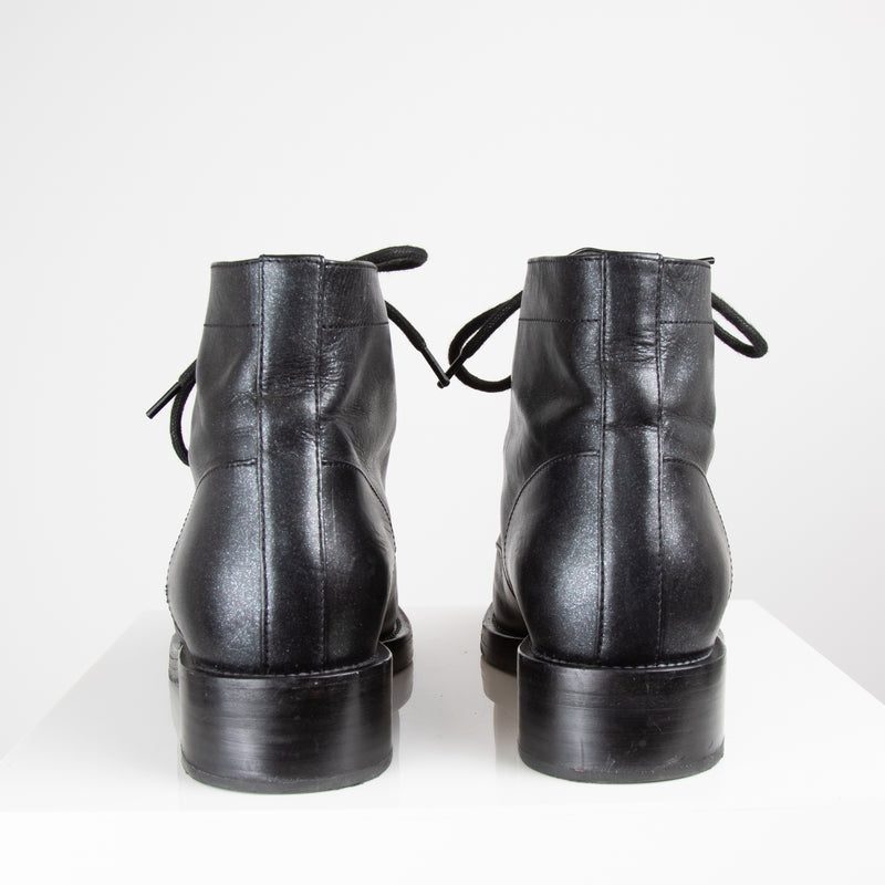 Chanel Black Shimmer Leather Lace Up Boots