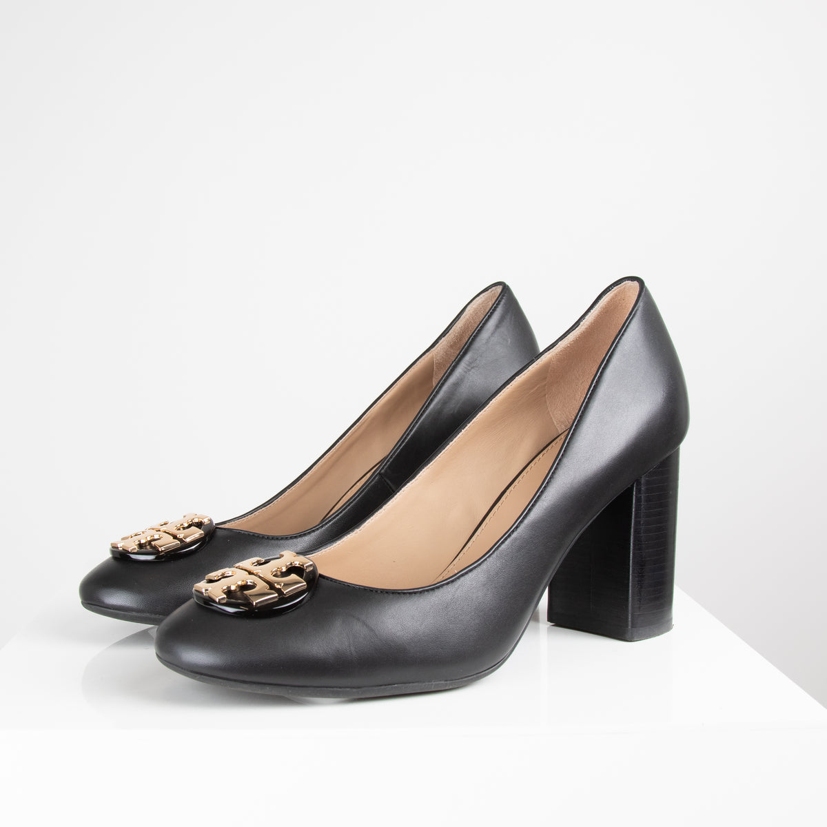 Tory Birch Black Gold Logo Chunky Heel Shoes