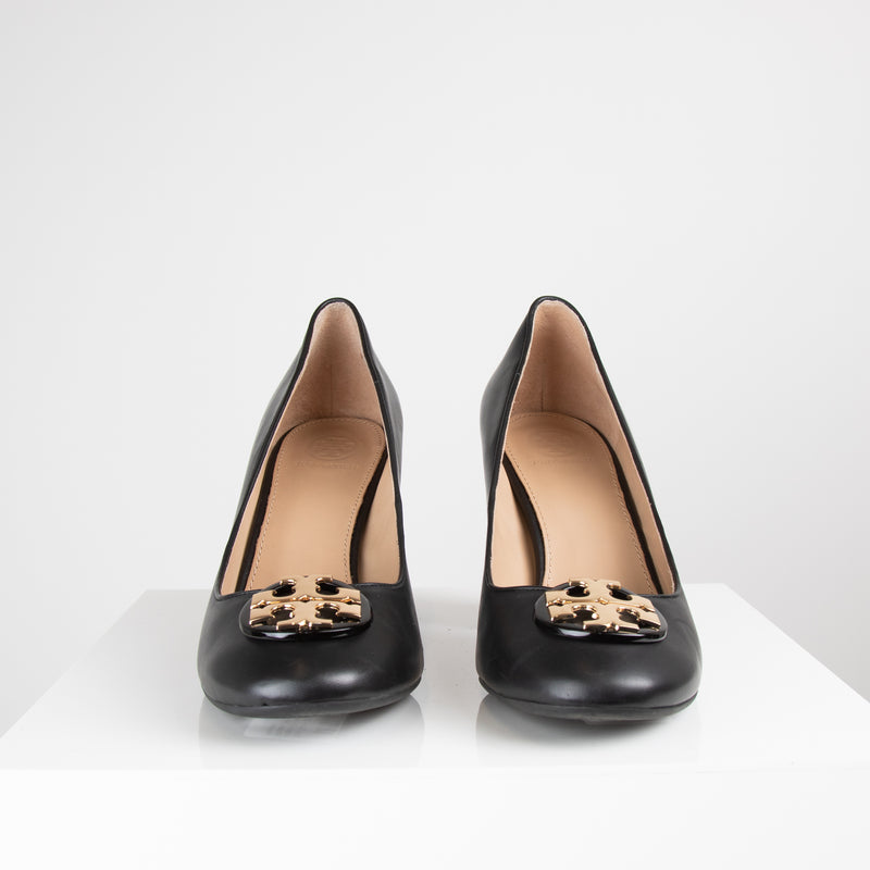 Tory Birch Black Gold Logo Chunky Heel Shoes