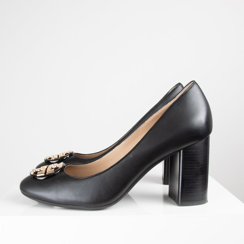 Tory Birch Black Gold Logo Chunky Heel Shoes