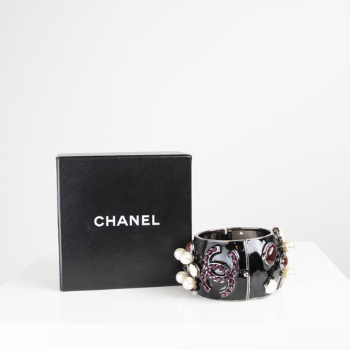 Chanel Black Enamel Pearl Crystal CC Cuff
