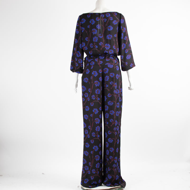 DVF Black Floral Long Sleeve Jumpsuit With Belt