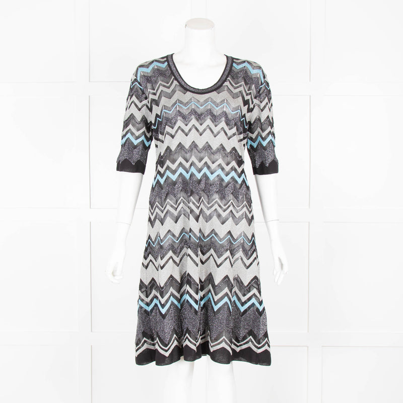 M Missoni Black Silver Blue Lurex Short Sleeve Dress